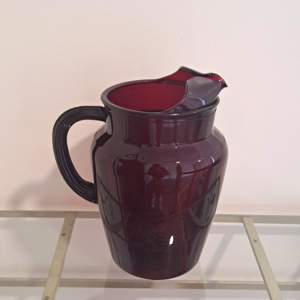 Vintage Anchor Hocking Royal Ruby Red Windsor Pattern Glass Pitcher, 64oz.